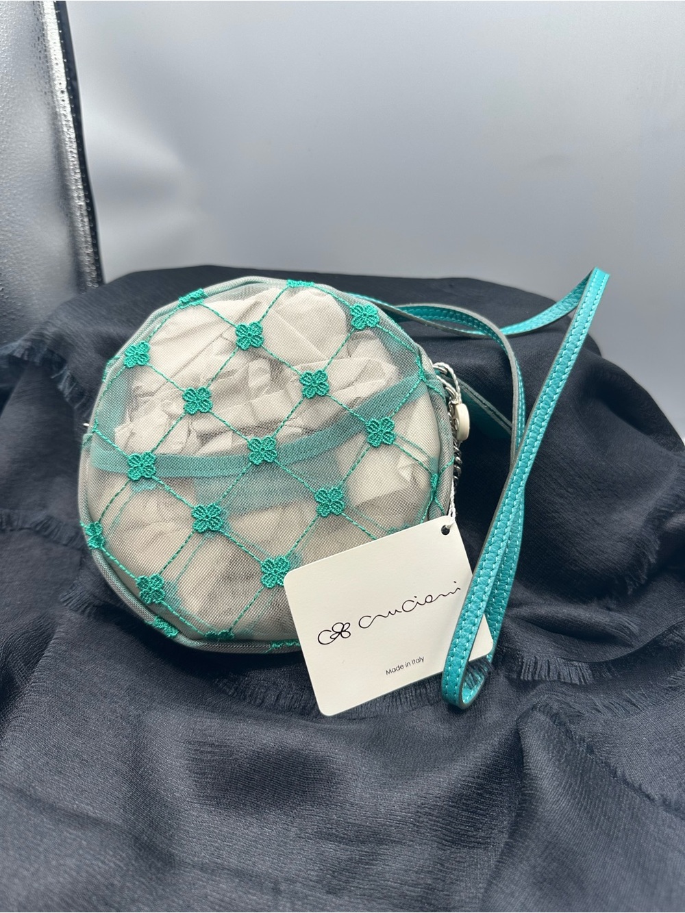 Cruciani Turquoise Round Embroidered Wristlet